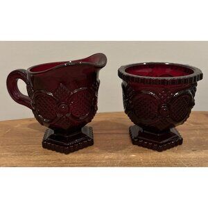 Vintage AVON Cape Cod Ruby Red Pressed Glass Collection Sugar & Creamer Set